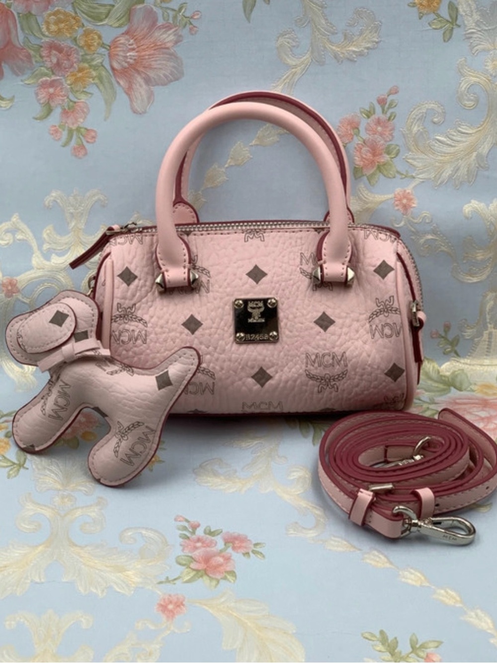 Authentic MCM Pink Visetos Mini Boston Satchel Crossbody Bag